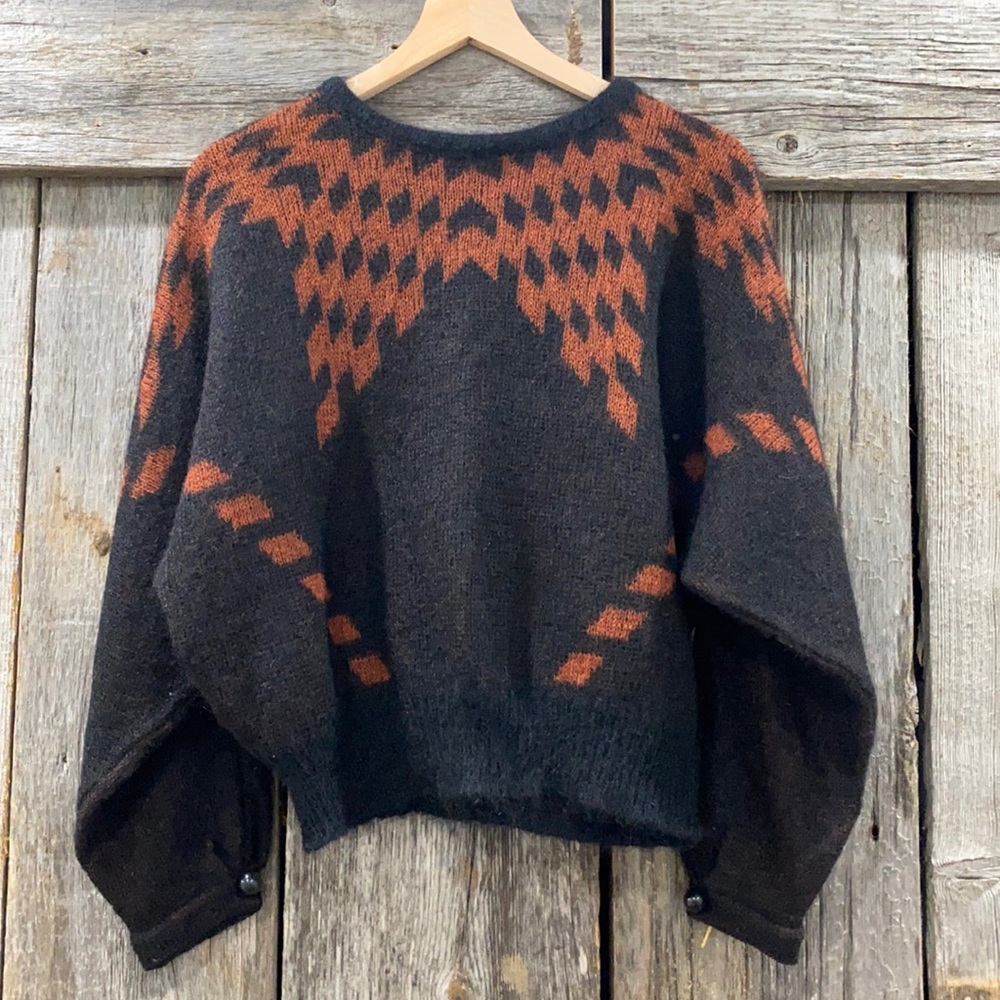 Vintage Italian Mohair Blend Fuzzy Aztec Batwing Black Rust Sweater